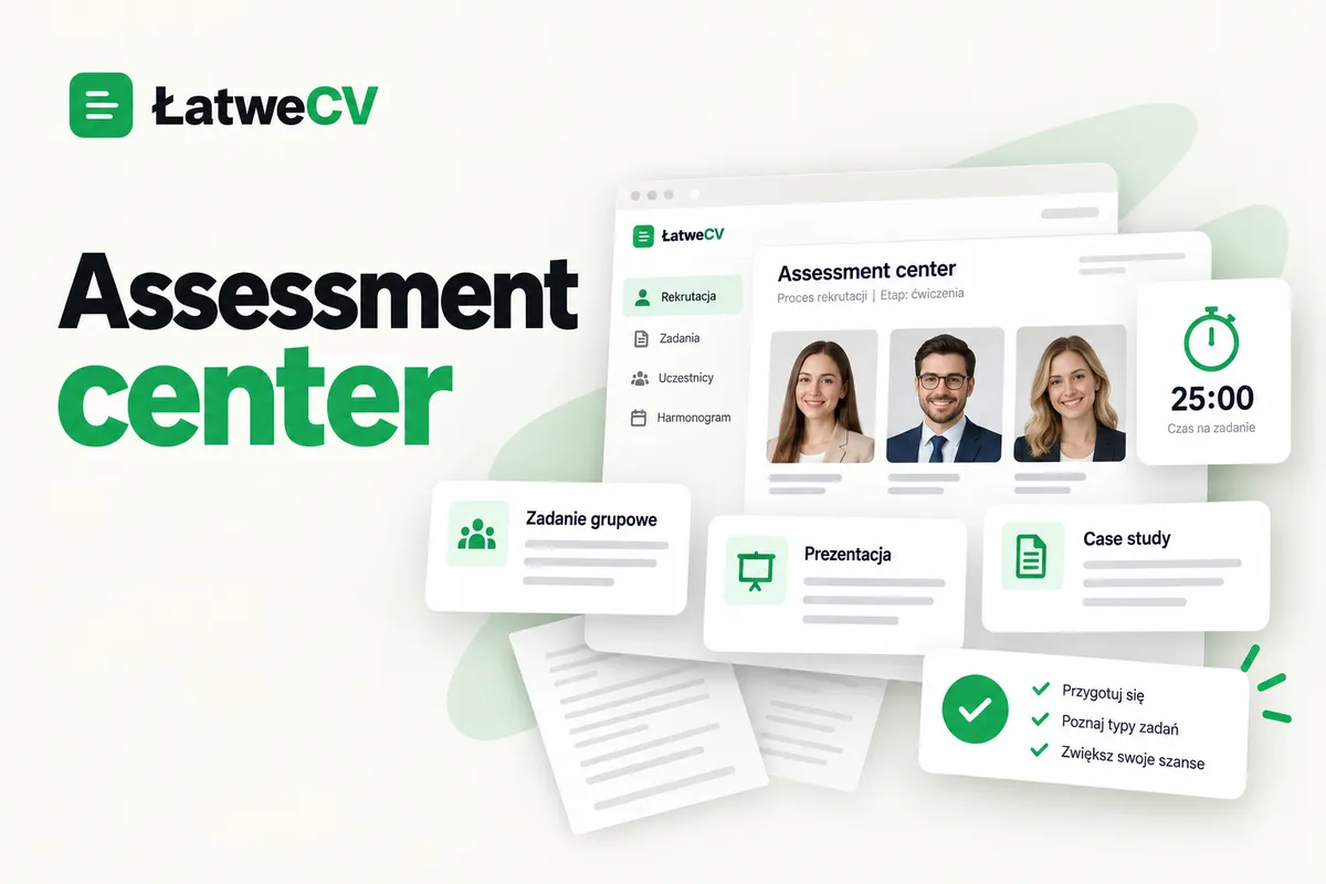 Okładka ŁatweCV z panelem assessment center, portretami trzech osób, zegarem i kartami zadań rekrutacyjnych.