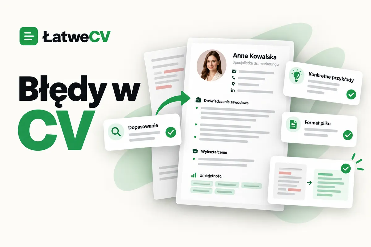Okładka ŁatweCV z dokumentem CV, zaznaczonymi poprawkami i kartami dopasowania, przykładów oraz formatu pliku.