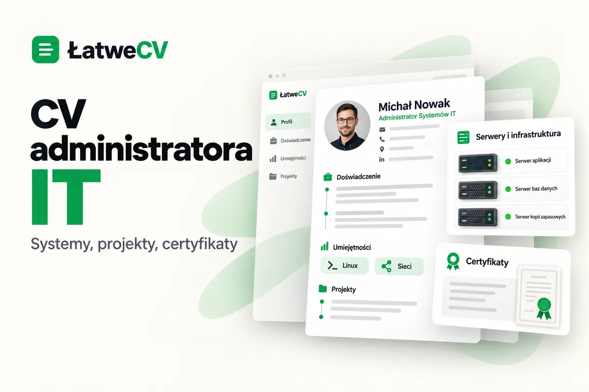 Okładka ŁatweCV z CV administratora IT, panelem serwerów, kartą certyfikatów i oznaczeniami Linux oraz sieci.