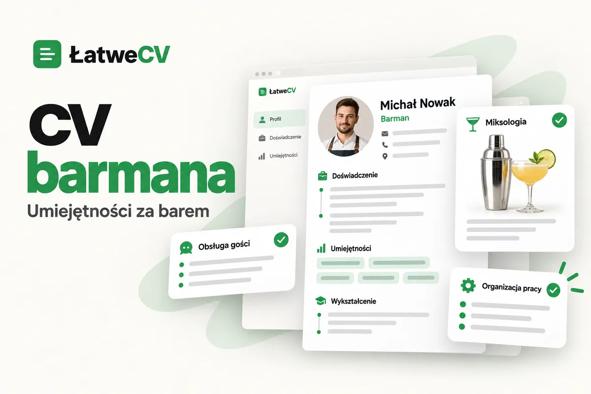 Okładka ŁatweCV z CV barmana, shakerem i koktajlem oraz kartami miksologii, obsługi gości i organizacji pracy.