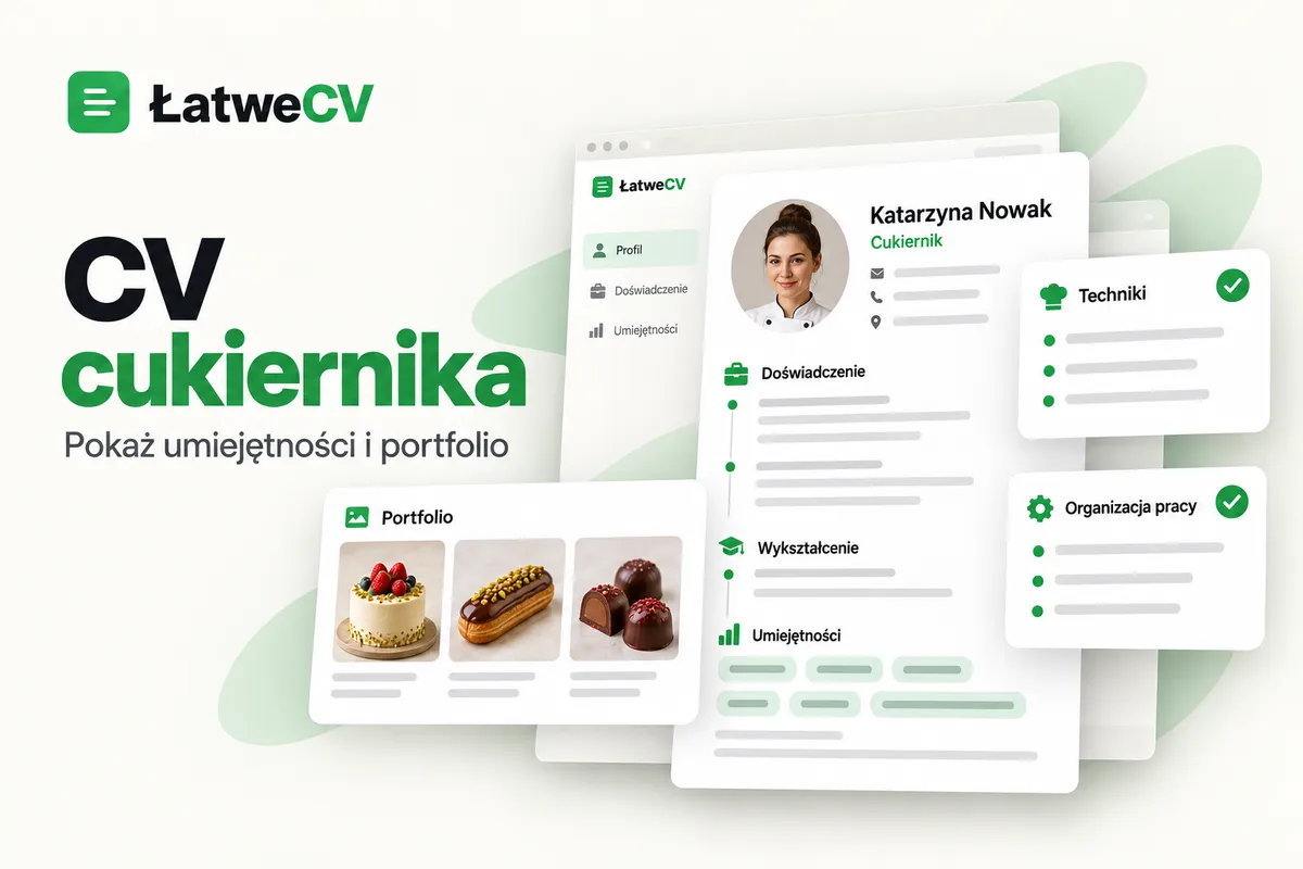Okładka ŁatweCV z CV cukierniczki, portfolio z tortem, eklerem i pralinkami oraz kartami technik i organizacji pracy.