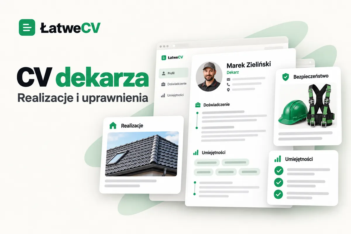 Okładka ŁatweCV z CV dekarza, fotografią dachu, kaskiem i uprzężą oraz kartą umiejętności zawodowych.