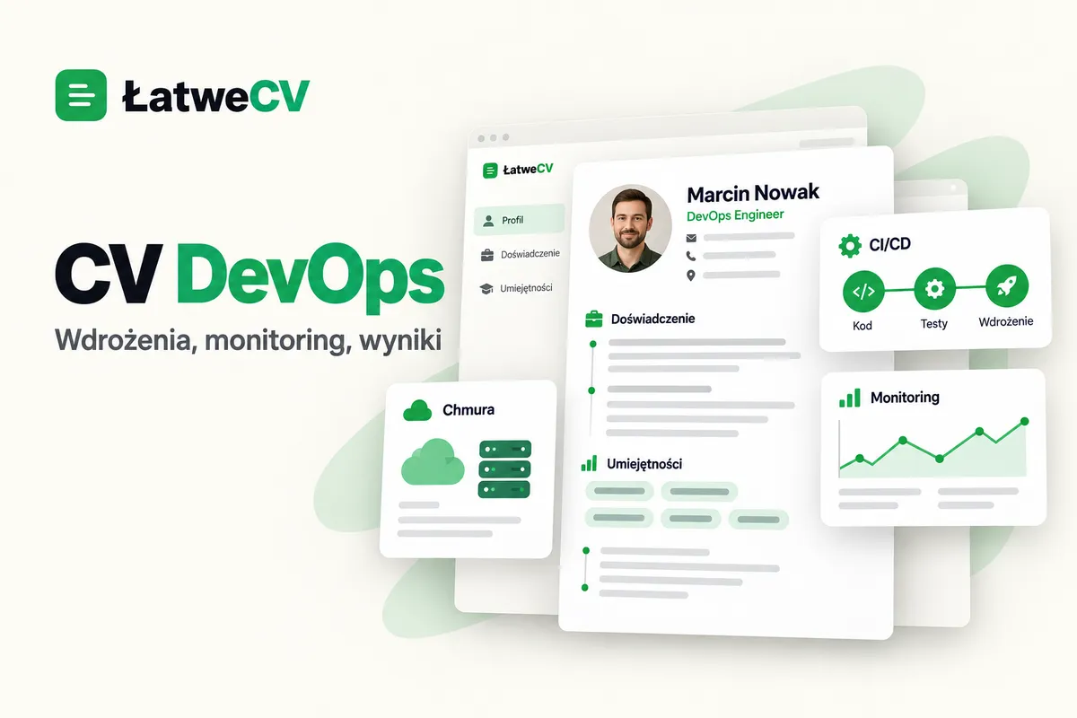Okładka ŁatweCV z CV specjalisty DevOps, schematem wdrożenia CI/CD, panelem monitoringu oraz kartą chmury i serwerów.
