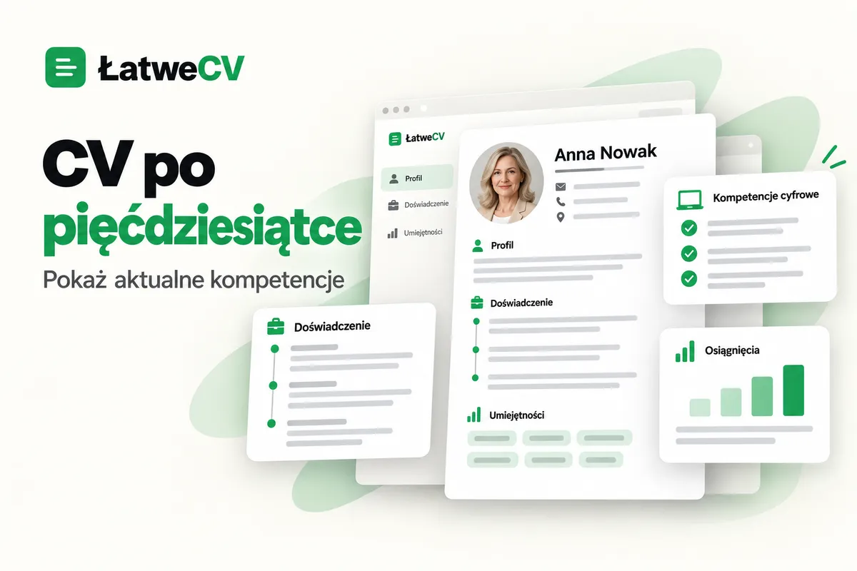 Okładka ŁatweCV z CV dojrzałej kobiety oraz kartami doświadczenia, kompetencji cyfrowych i osiągnięć zawodowych.