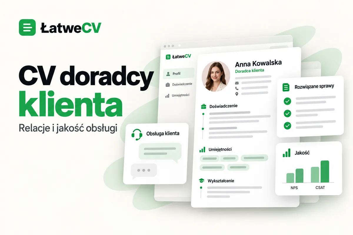 Okładka ŁatweCV z CV doradczyni klienta, rozmową w dymkach, listą rozwiązanych spraw i wykresem jakości obsługi.