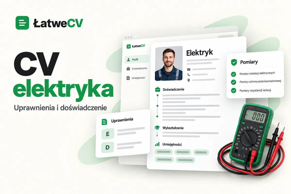 Okładka ŁatweCV z CV elektryka, kartami uprawnień E i D oraz pomiarów i multimetrem z przewodami.
