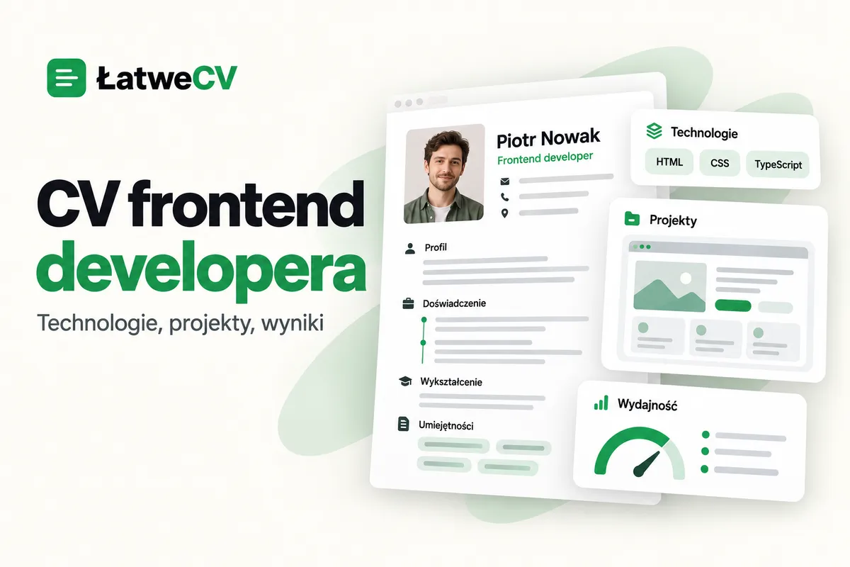 Okładka ŁatweCV z CV frontend developera, kartami technologii, podglądem strony i wskaźnikiem wydajności.
