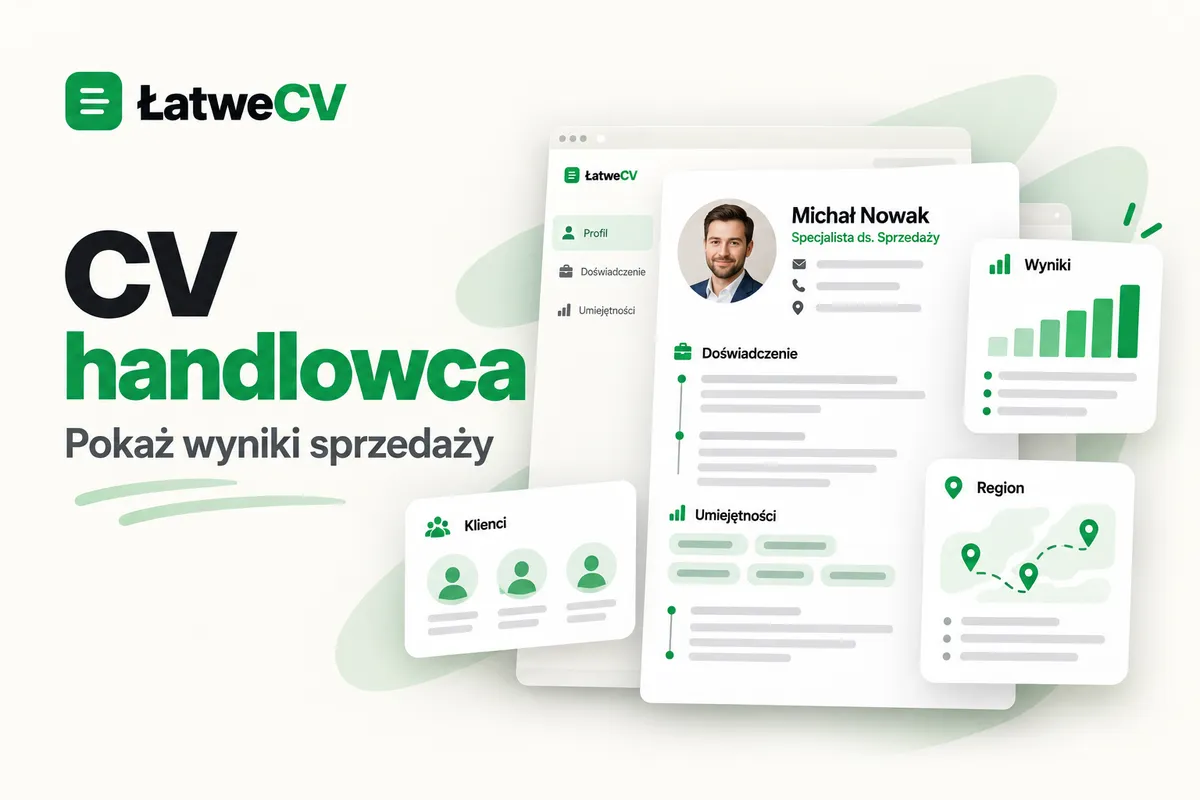 Okładka ŁatweCV z CV handlowca, wykresem wyników sprzedaży, kartą klientów i mapą regionu z trasą.