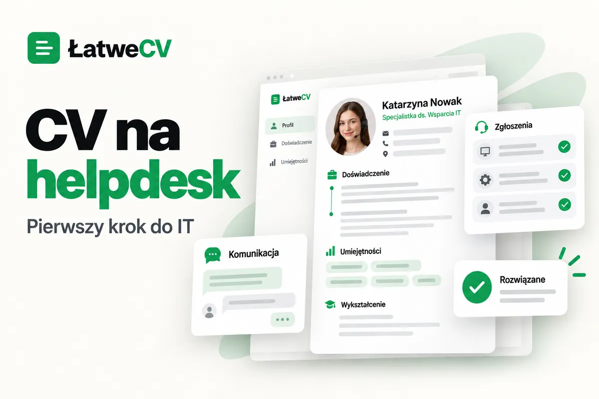 Okładka ŁatweCV z CV specjalistki w słuchawkach, panelem zgłoszeń, dymkami rozmowy i potwierdzeniem rozwiązania.
