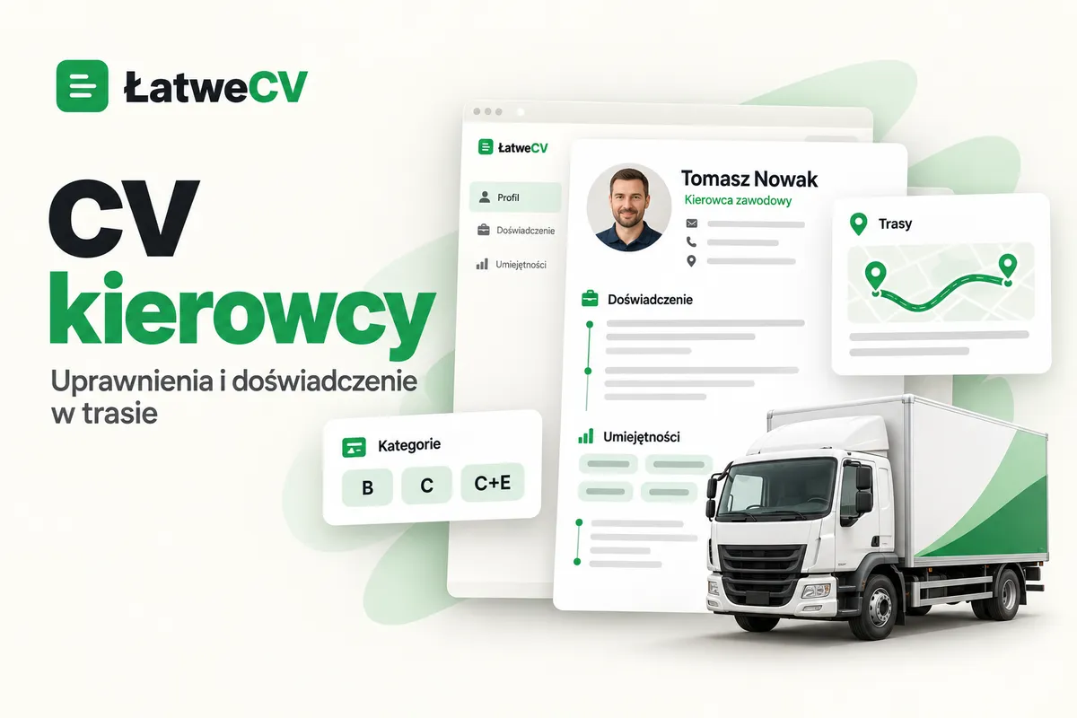 Okładka ŁatweCV z CV kierowcy, kategoriami B, C i C+E, mapą trasy oraz białą ciężarówką z zielonym akcentem.