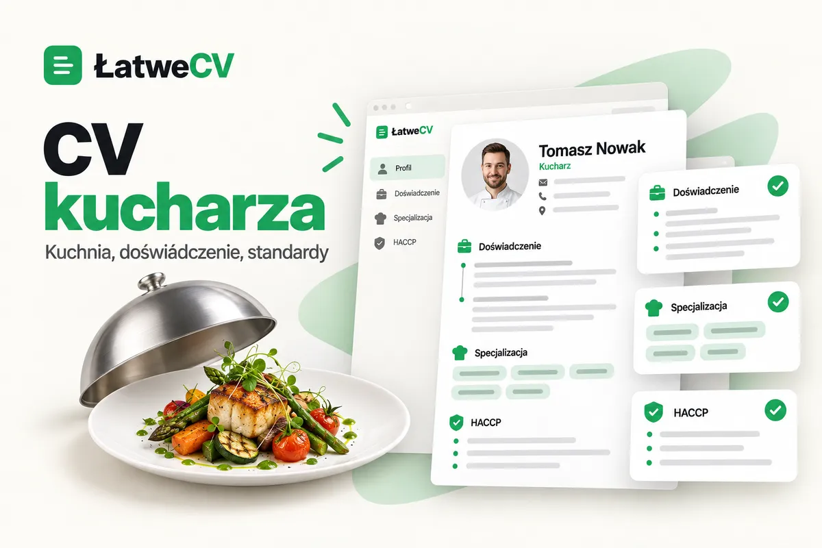 Okładka ŁatweCV z CV kucharza, portretem mężczyzny, kartą HACCP, talerzem ryby z warzywami i pokrywą kelnerską.