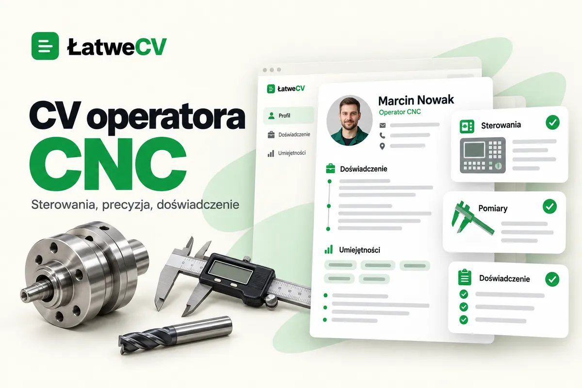 Okładka ŁatweCV z CV operatora CNC, kartami sterowań i pomiarów, metalowym detalem, suwmiarką oraz frezem.