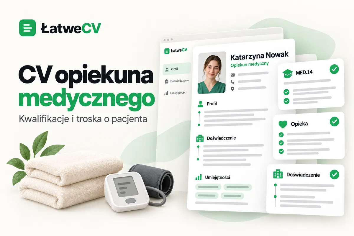 Okładka ŁatweCV z CV opiekunki medycznej, kartami MED.14 i opieki oraz złożonymi ręcznikami i ciśnieniomierzem.