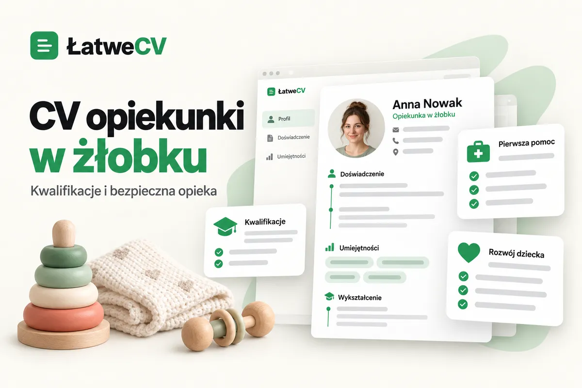 Okładka ŁatweCV z CV opiekunki w żłobku, kartami kwalifikacji i pierwszej pomocy, drewnianymi zabawkami i kocykiem.