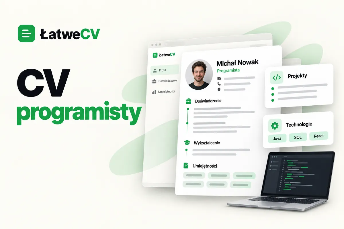 CV programisty z portretem, kartami projektów i technologii Java, SQL oraz React, obok laptopa z widokiem kodu.
