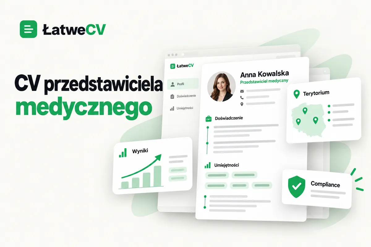 CV przedstawicielki medycznej z portretem, mapą terytorium, wykresem wyników oraz kartą compliance.
