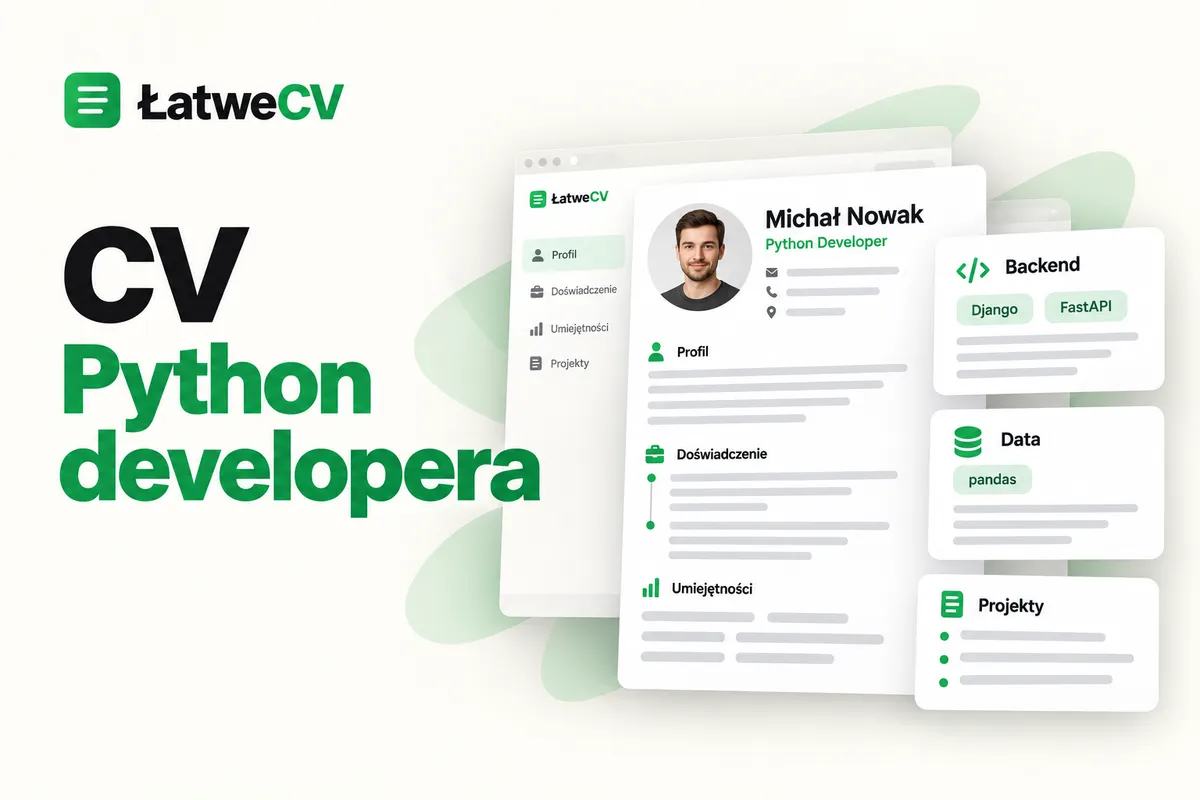 CV Python developera z portretem oraz kartami backendu, pracy z danymi i projektów na kremowym tle.