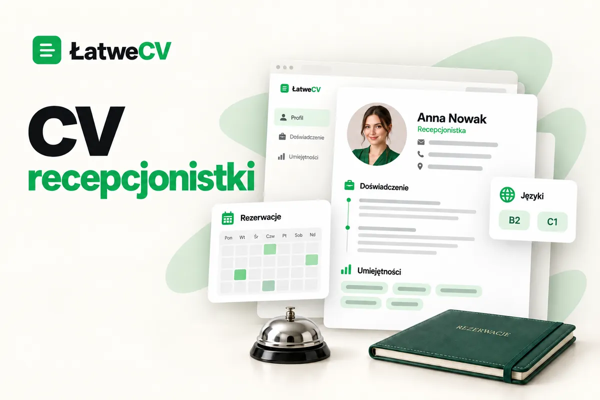 CV recepcjonistki z portretem, kalendarzem rezerwacji i poziomami języków, obok dzwonka oraz księgi rezerwacji.