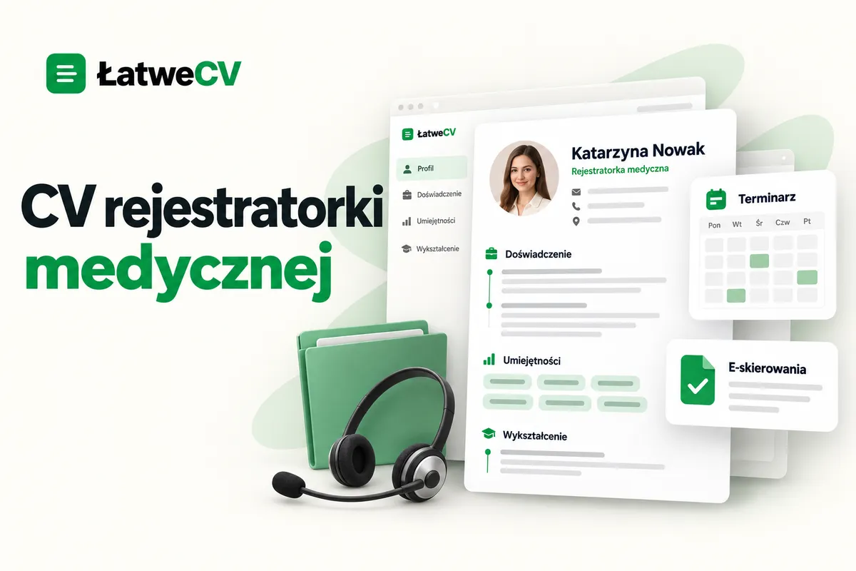 CV rejestratorki medycznej z portretem, terminarzem i kartą e-skierowań, obok zielonej teczki oraz słuchawek.