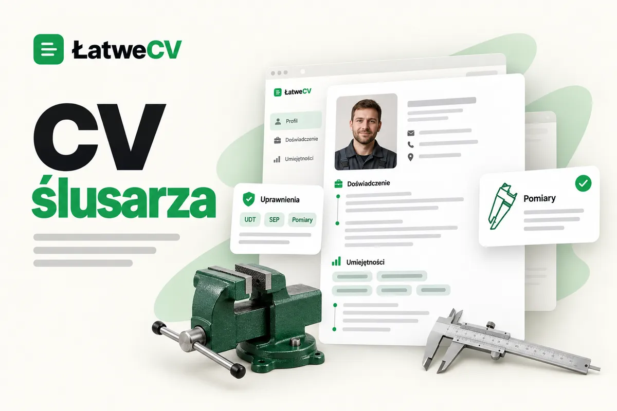 CV ślusarza z portretem, kartami uprawnień i pomiarów, zielonym imadłem oraz metalową suwmiarką.