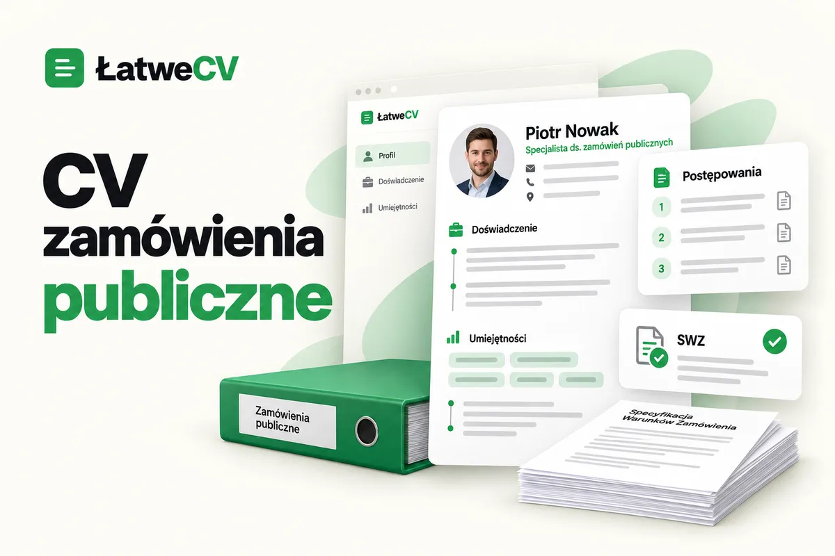 CV specjalisty zamówień publicznych z portretem, kartami postępowań i SWZ oraz segregatorem i stosem dokumentów.