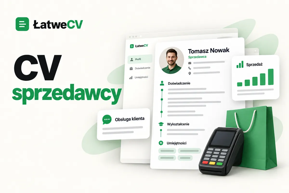 Okładka ŁatweCV z CV sprzedawcy, wykresem sprzedaży, kartą obsługi klienta, terminalem i zieloną torbą.