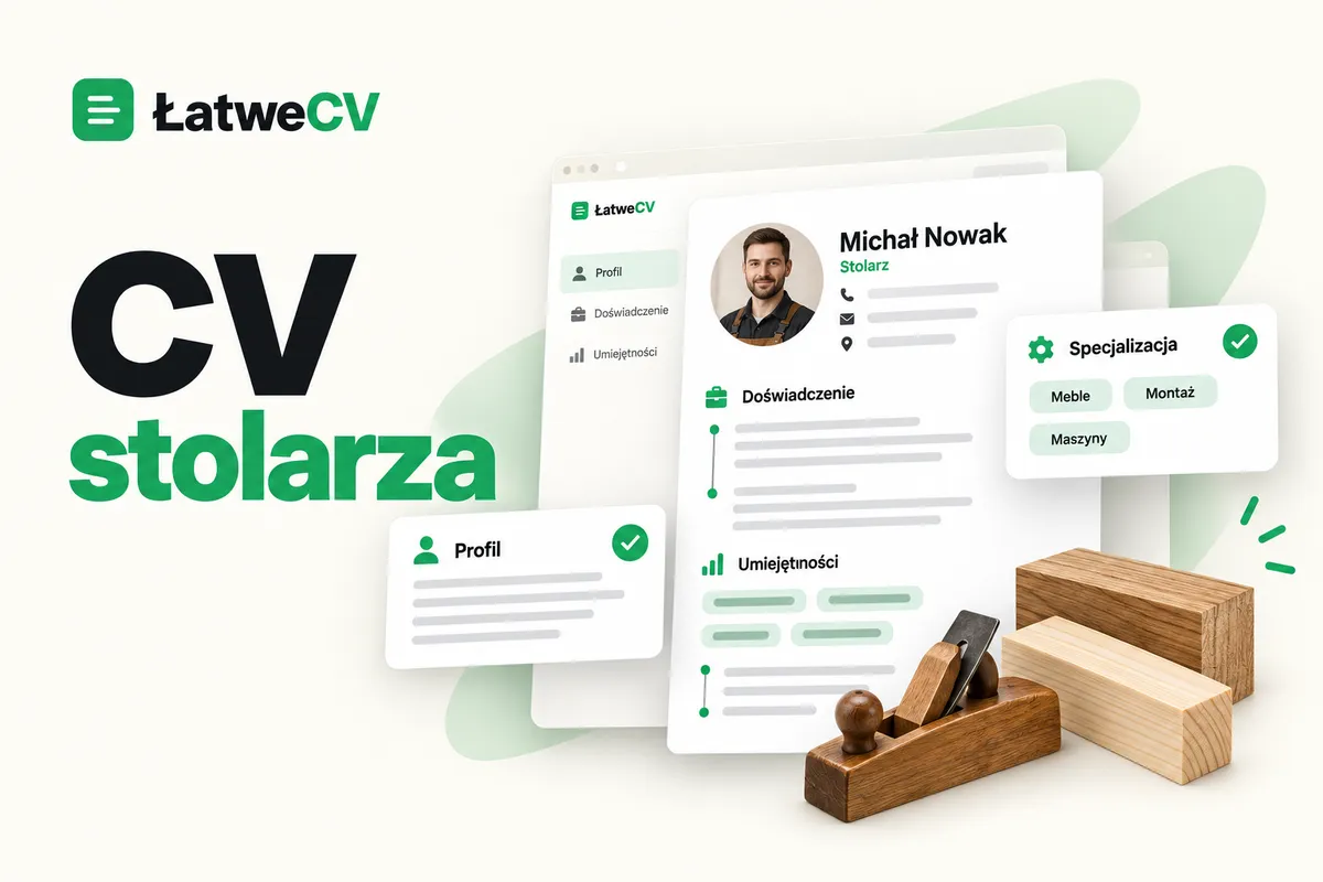 Okładka ŁatweCV z CV stolarza, kartami specjalizacji, drewnianym strugiem i próbkami drewna.