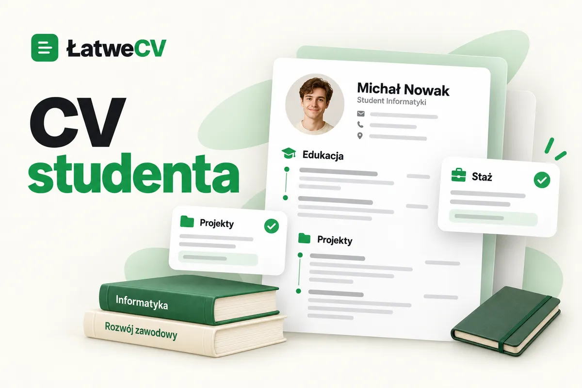 Okładka ŁatweCV z CV studenta, kartami projektów i stażu, książkami oraz zielonym notesem.