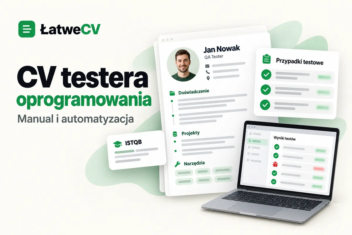 Okładka ŁatweCV z CV testera, kartą przypadków testowych, oznaczeniem ISTQB i laptopem z wynikami testów.