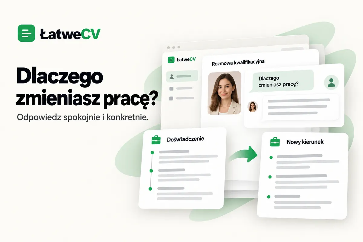 Okładka ŁatweCV z panelem rozmowy i portretem kandydatki oraz kartami doświadczenia i nowego kierunku połączonymi strzałką.