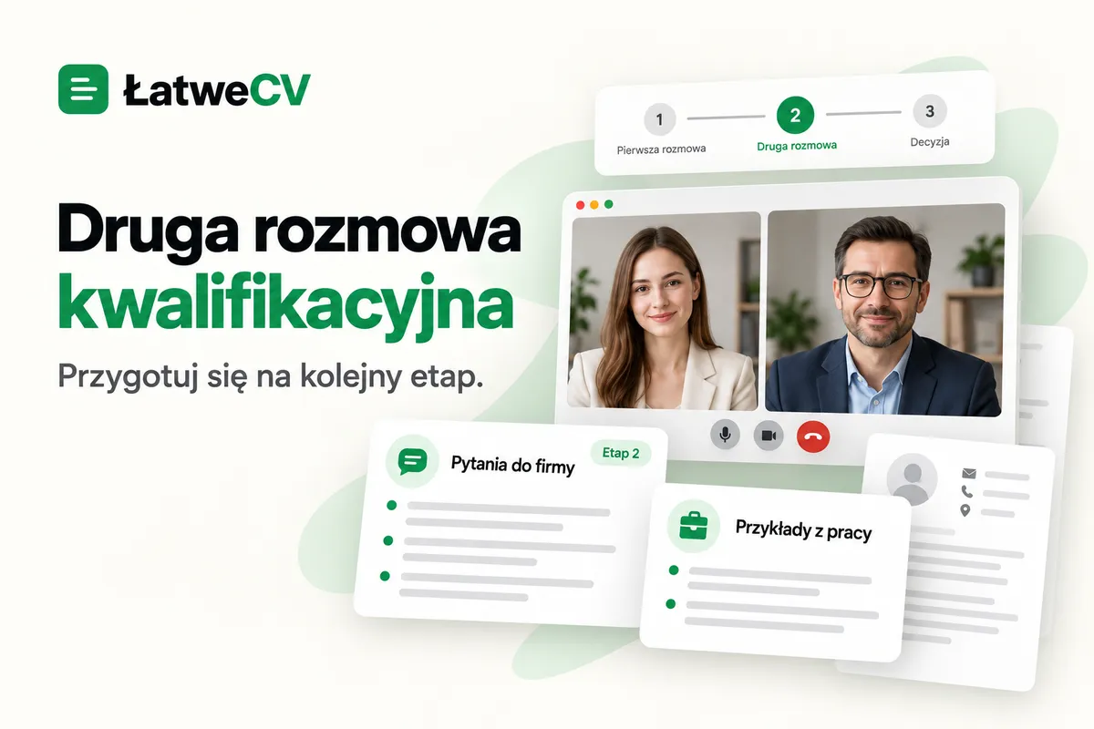 Okładka ŁatweCV z oknem wideorozmowy, wyróżnionym drugim etapem oraz kartami pytań do firmy i przykładów z pracy.