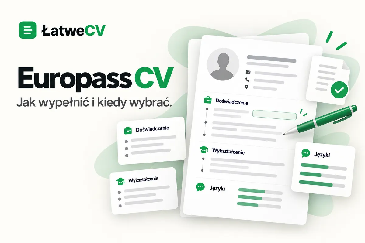 Okładka ŁatweCV z dokumentem CV, kartami doświadczenia, wykształcenia i języków oraz zielonym długopisem.