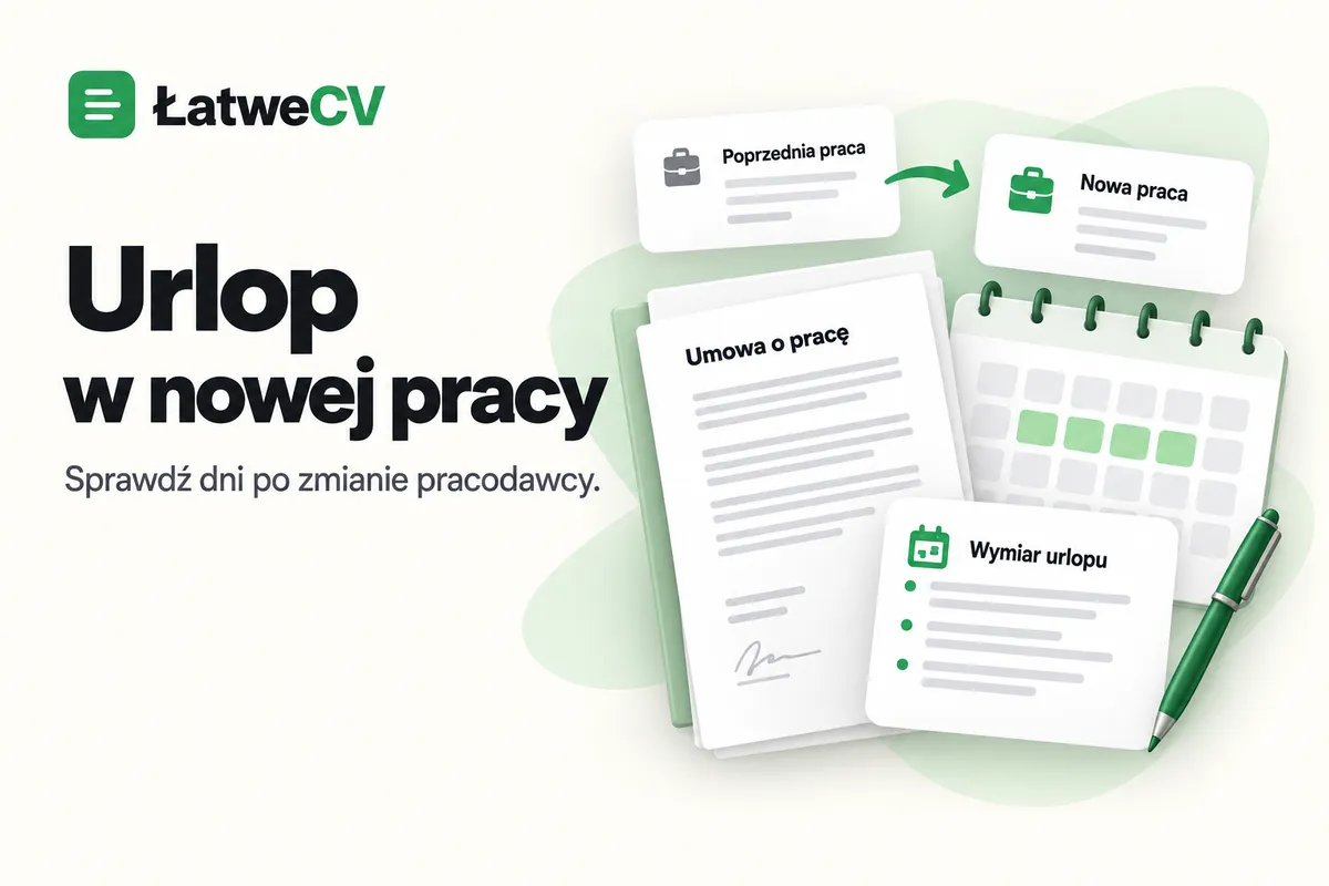 Okładka ŁatweCV z umową, kalendarzem, kartą wymiaru urlopu i połączonymi kartami poprzedniej oraz nowej pracy.