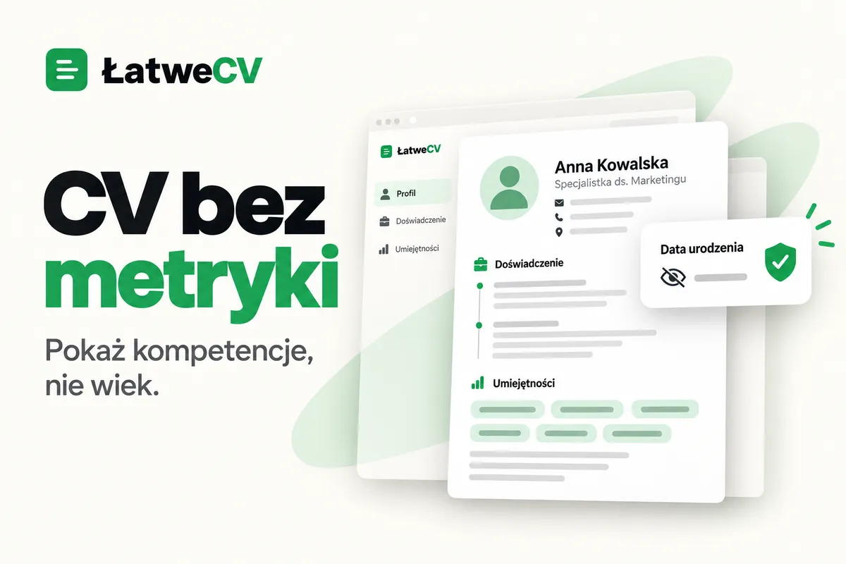 Okładka ŁatweCV z dokumentem bez portretu, panelem ukrytej daty urodzenia oraz zieloną tarczą ochrony danych.