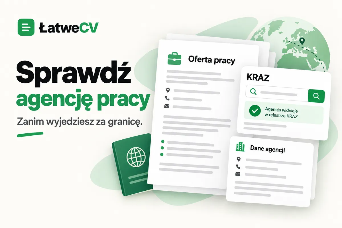Okładka ŁatweCV z ofertą pracy, panelem wyszukiwania KRAZ, kartą danych agencji oraz globusem i paszportem.