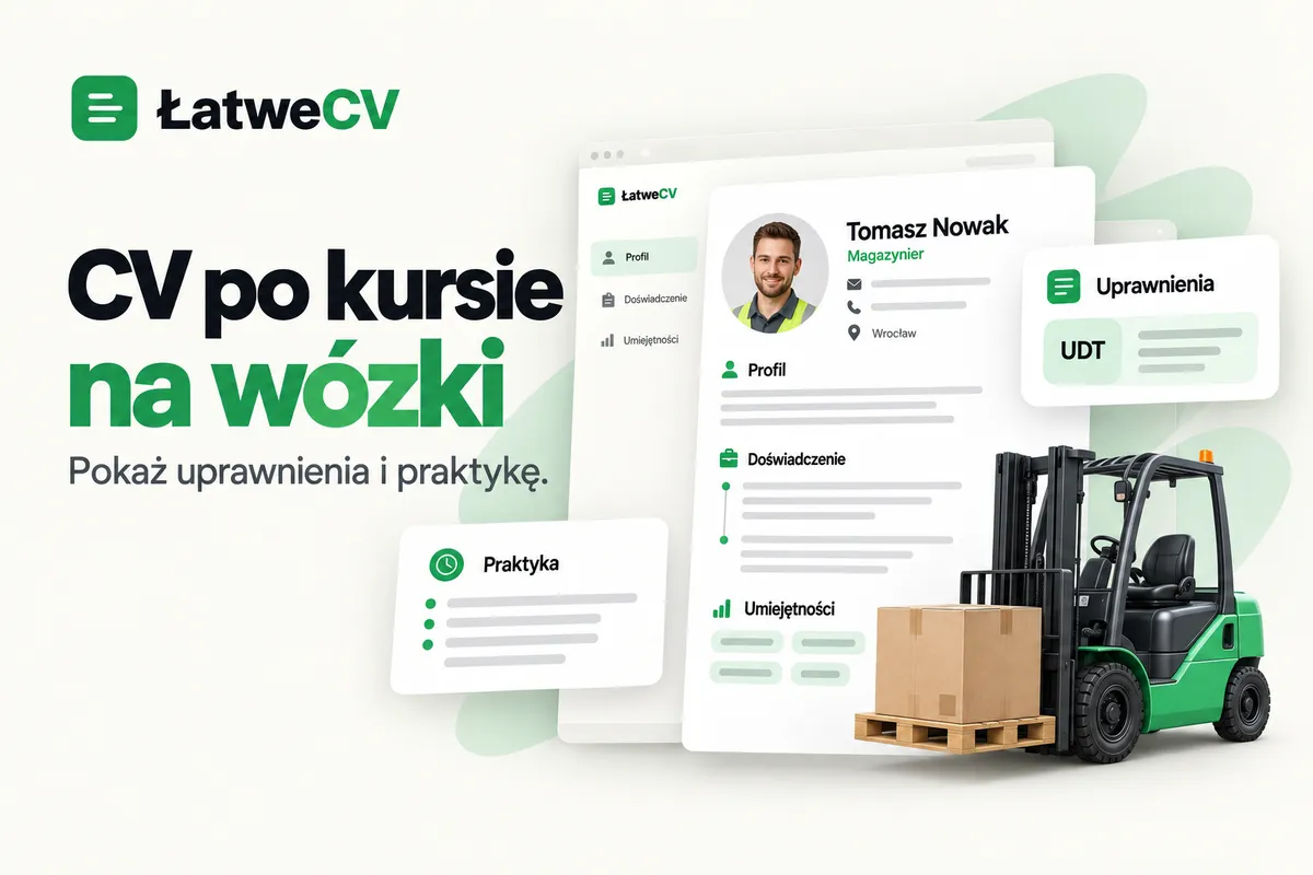 Okładka ŁatweCV z profilem magazyniera, kartami uprawnień UDT i praktyki oraz zielonym wózkiem widłowym z paletą.