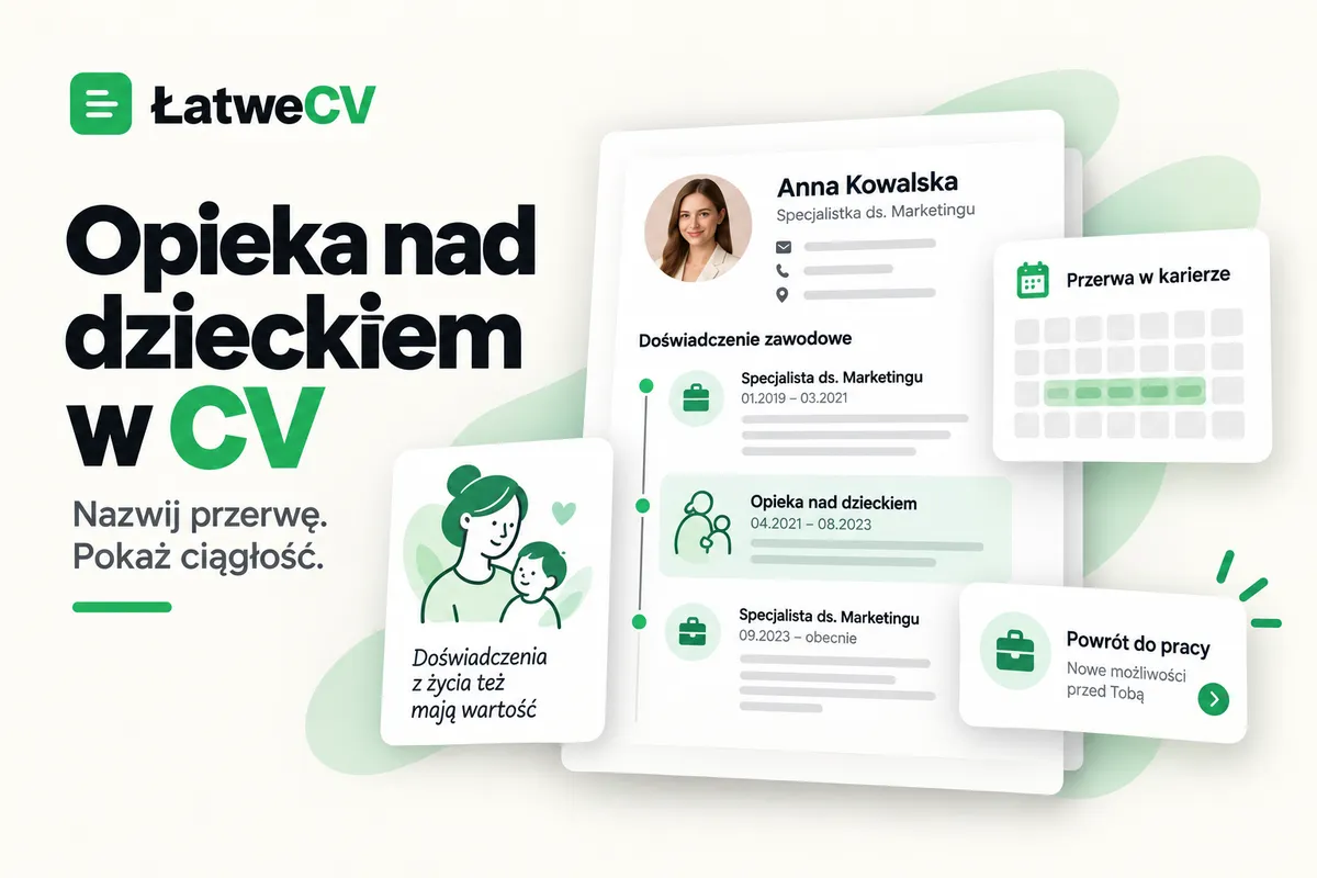 Okładka ŁatweCV z okresem opieki nad dzieckiem na osi kariery, kalendarzem, ilustracją rodzica i dziecka oraz kartą powrotu.