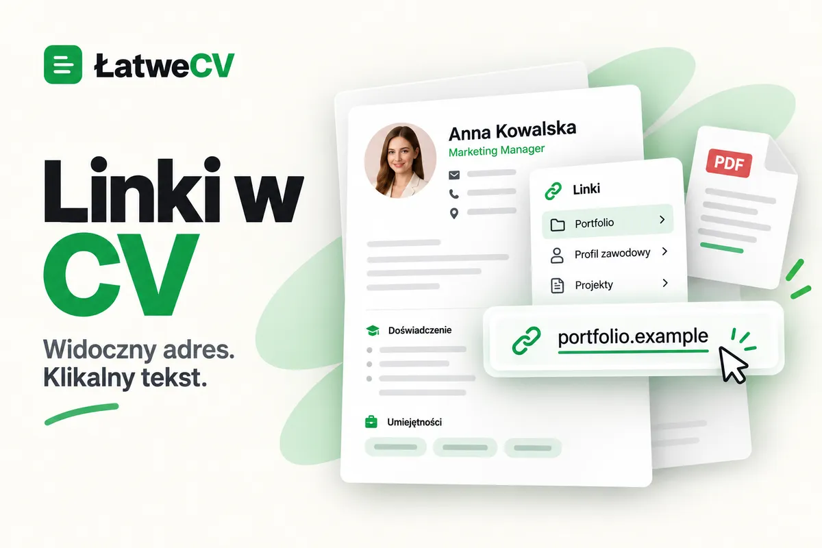 Okładka ŁatweCV z dokumentem CV, kartą linków, podkreślonym adresem portfolio, kursorem oraz ikoną pliku PDF.