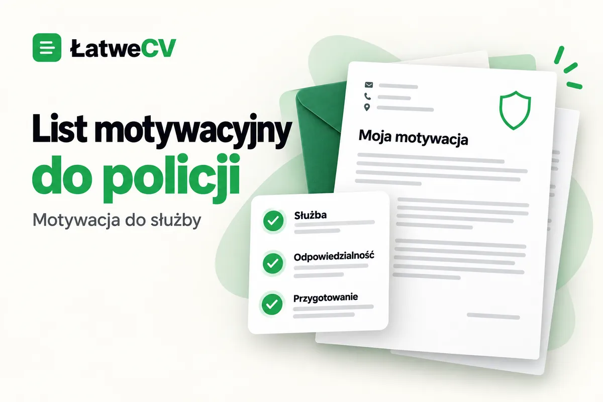 List motywacyjny do policji z ikoną tarczy oraz kartą służby, odpowiedzialności i przygotowania obok logo ŁatweCV.