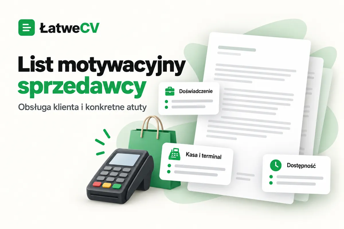 List motywacyjny sprzedawcy obok terminala, torby zakupowej i kart doświadczenia, obsługi kasy oraz dostępności.