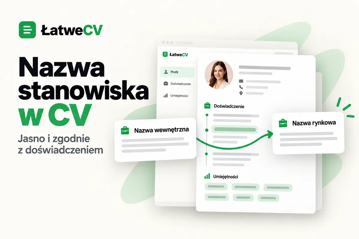 Dokument CV z portretem oraz połączonymi strzałką kartami nazwy wewnętrznej i rynkowej stanowiska.