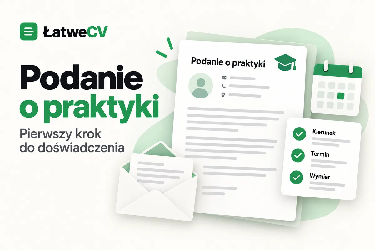 Podanie o praktyki, otwarta koperta i kalendarz obok listy „Kierunek”, „Termin” i „Wymiar” oraz logo ŁatweCV.