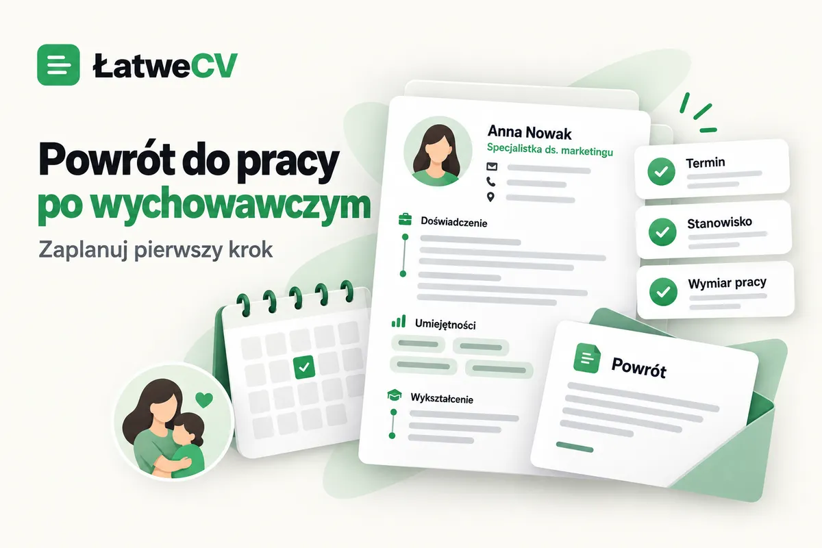 CV, kalendarz i pismo w kopercie obok kart terminu, stanowiska i wymiaru pracy oraz małej ilustracji matki z dzieckiem.