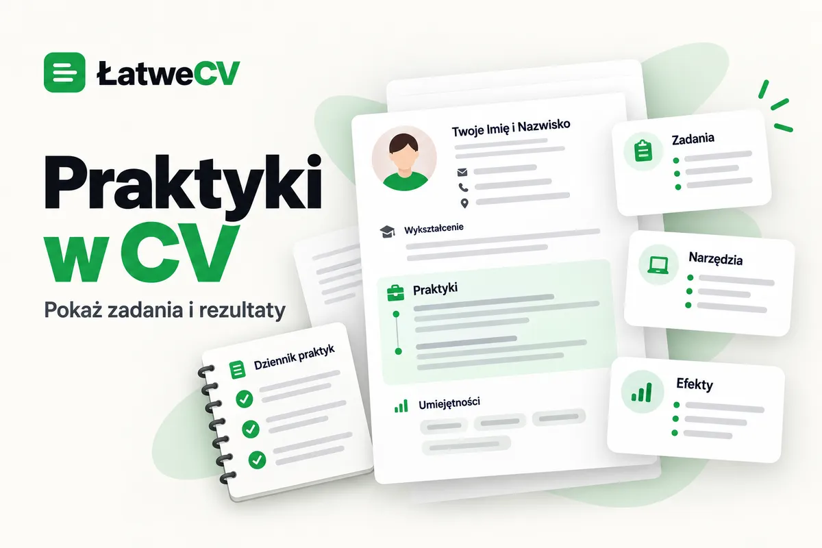 CV z wyróżnioną sekcją praktyk, dziennik praktyk oraz karty zadań, narzędzi i efektów obok nagłówka i logo ŁatweCV.