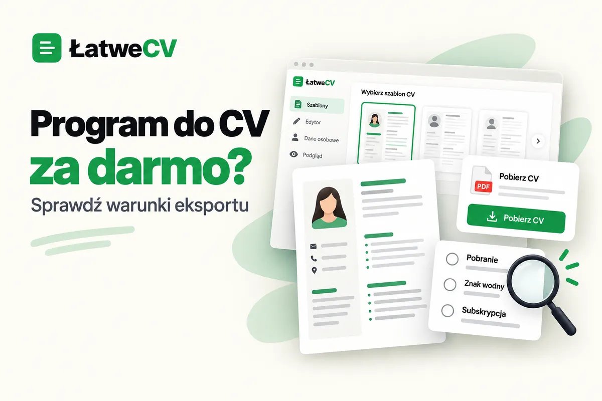 Panel wyboru szablonu CV, karta pobierania PDF i lupa przy liście pobrania, znaku wodnego oraz subskrypcji.