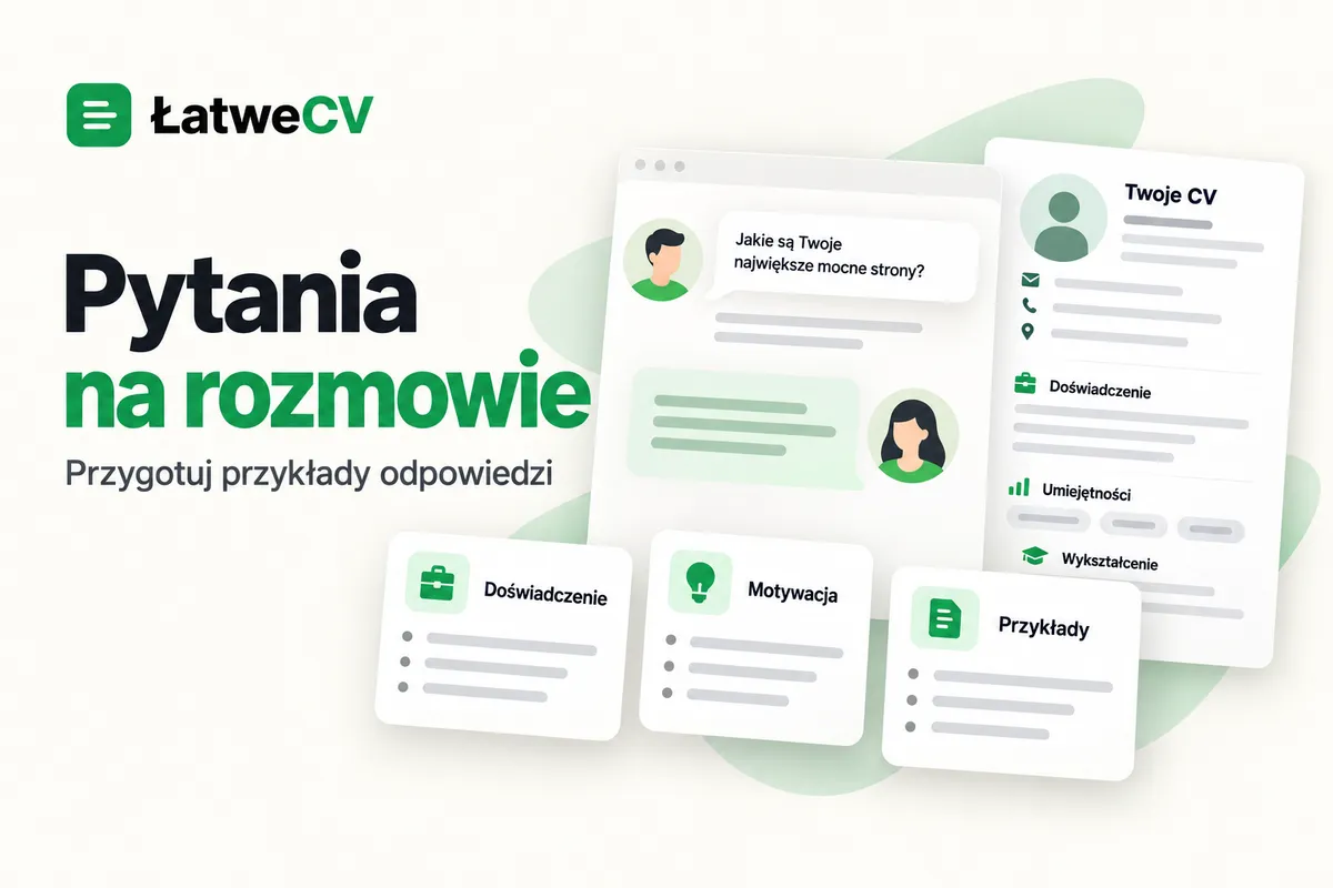Panel rozmowy z dwoma awatarami i dymkami, dokument CV oraz karty doświadczenia, motywacji i przykładów odpowiedzi.