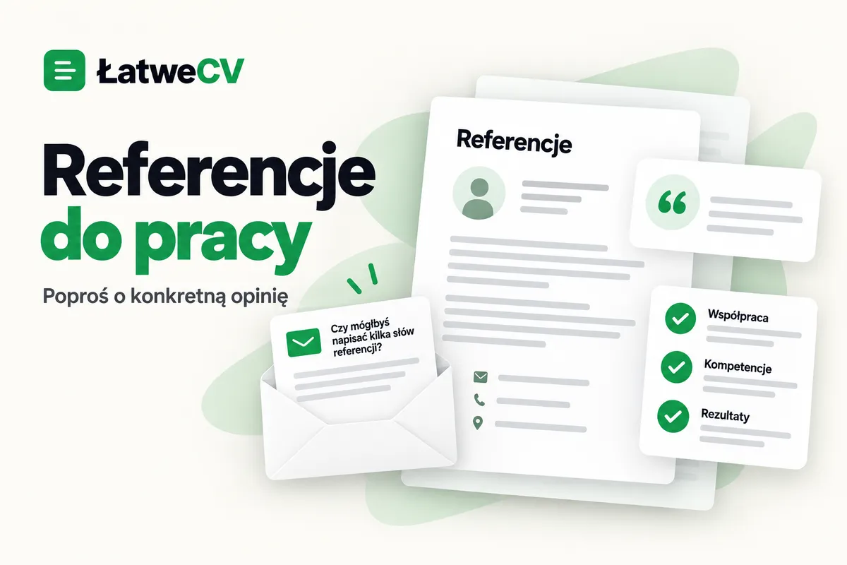 List referencyjny, koperta z prośbą o opinię, karta cytatu oraz lista współpracy, kompetencji i rezultatów przy nagłówku.
