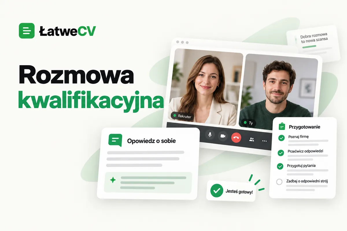Okładka ŁatweCV z oknem wideorozmowy dwóch osób, kartą pytania o kandydata i listą przygotowań do spotkania.