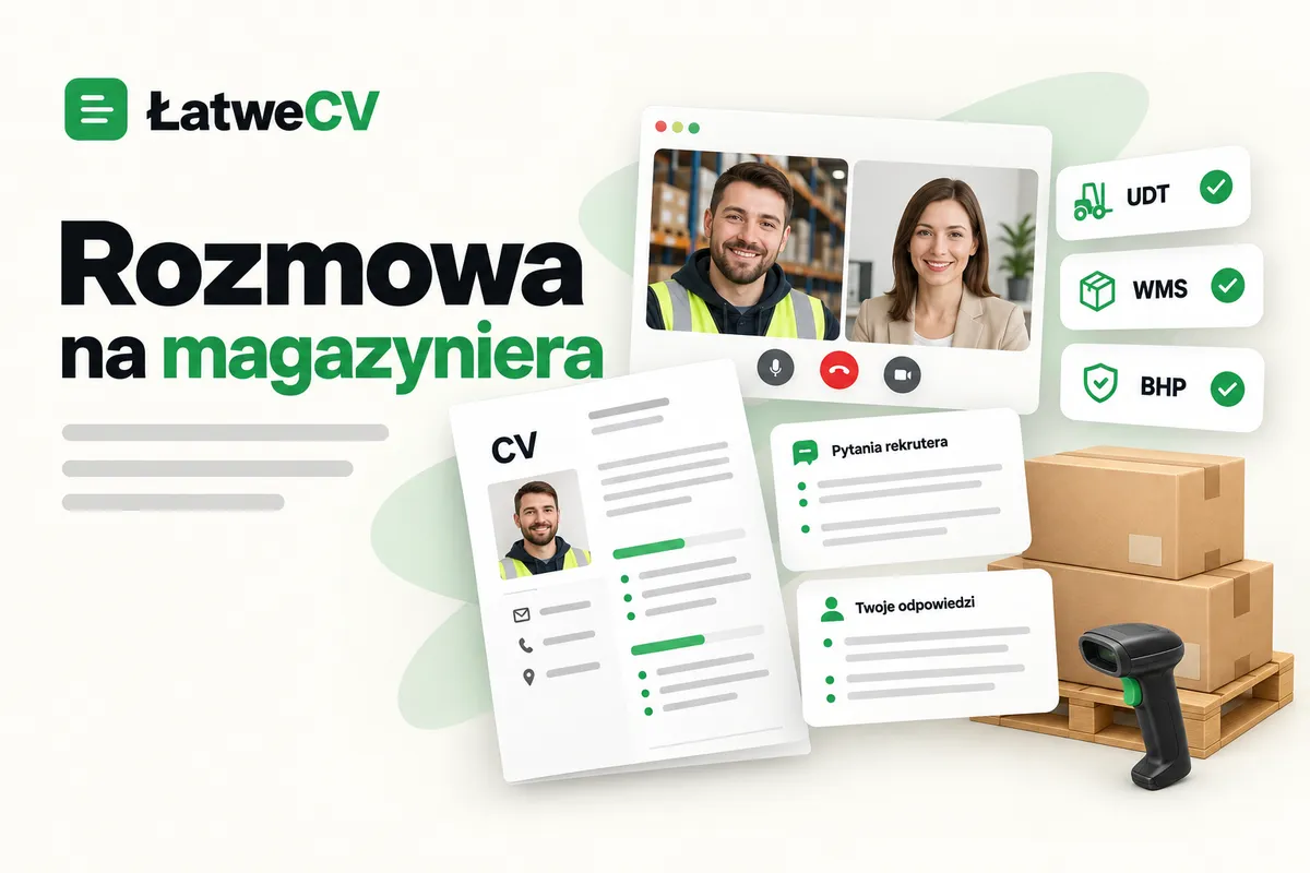 Panel rozmowy magazyniera z rekruterką, CV, kartony na palecie i skaner obok kart UDT, WMS, BHP oraz pytań i odpowiedzi.