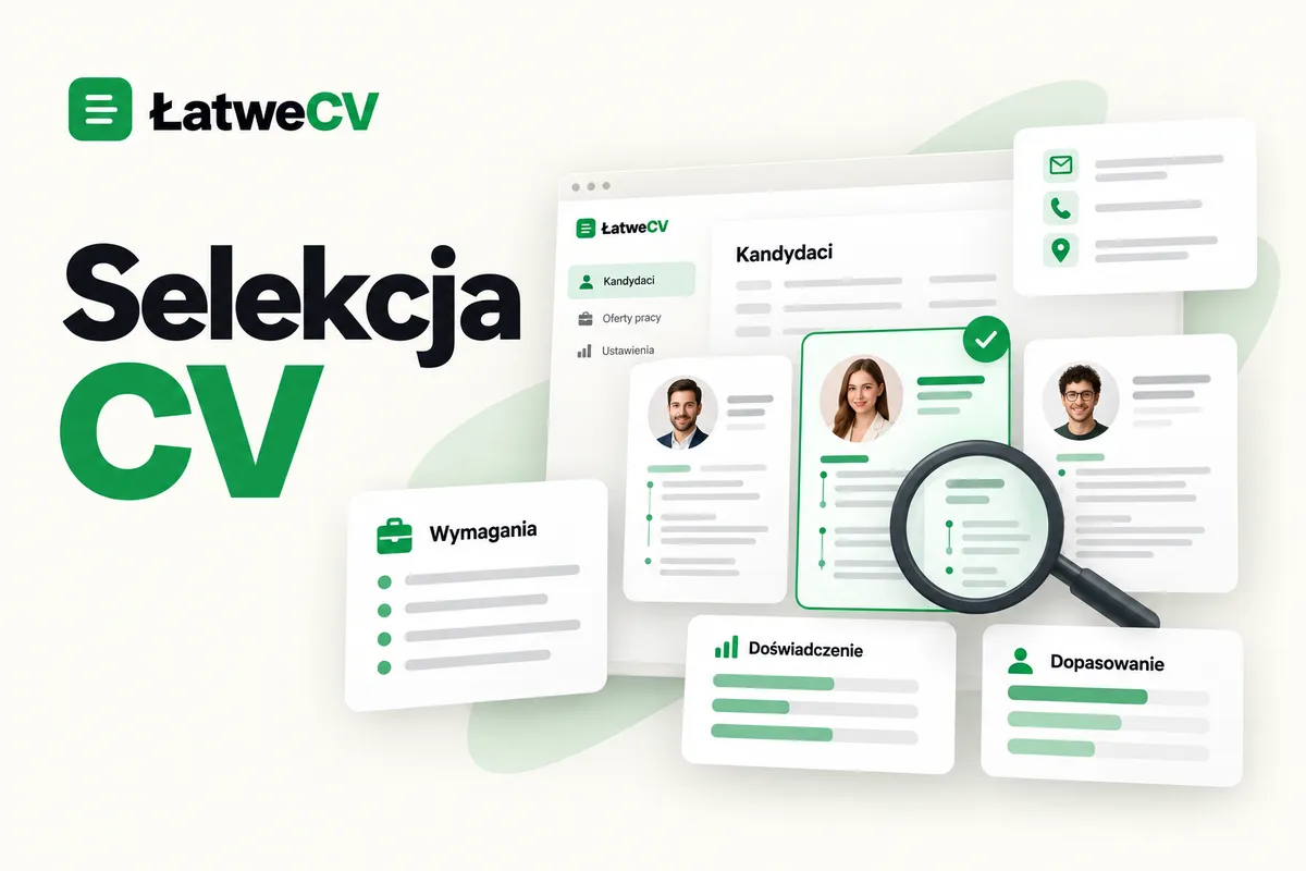 Panel kandydatów z trzema CV, wyróżnioną aplikacją i lupą obok kart wymagań, doświadczenia oraz dopasowania.